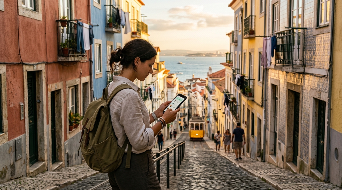 A traveler checking a simple day itinerary on their phone on a sunlit cobblestone street